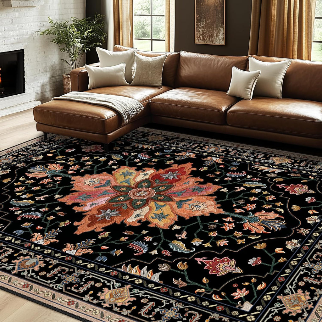 Area Rugs Washable Non-Slip, Floral Vintage Distress Print Pattern Medallion Carpet for Living Room Bedroom