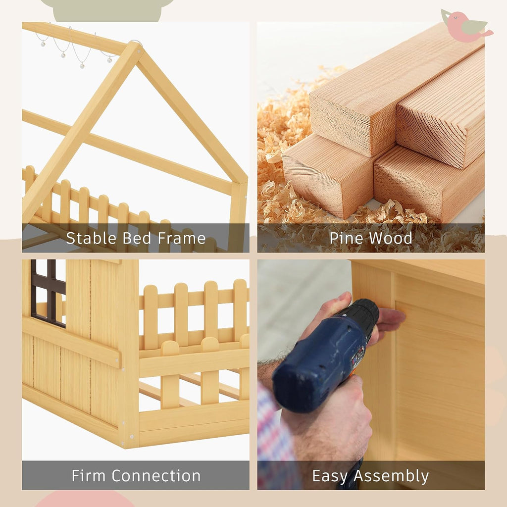 House Bed for Kids, Wood Montessori Floor Bed with LED Light Toddler Floorbed with Fence and Window