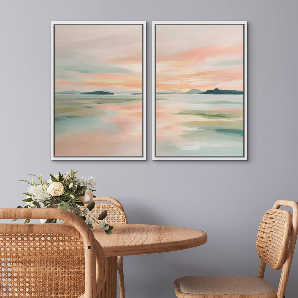 Framed Canvas Print Wall Art Set Soft Color Ocean Beach Illustrations Modern Art Rustic Colorful Ultra - 16"" x24 x2
