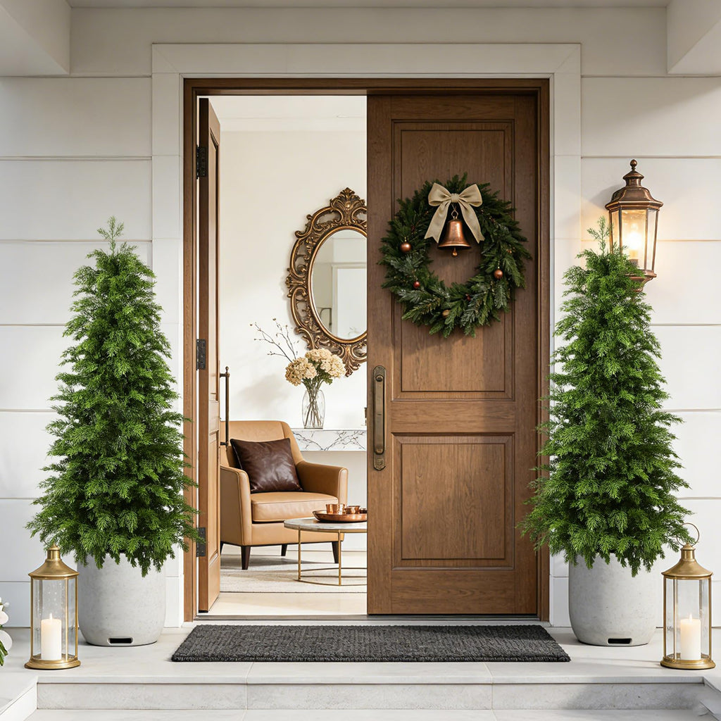 4FT Artificial Cedar Topiary Trees, 2 Pack UV Resistant Faux Pine Tree