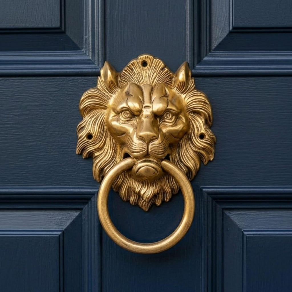 Lion Head Brass Door Knocker Authentic Vintage Unique Front Door Holder with Gold Finish Rare Solid Door Accessories