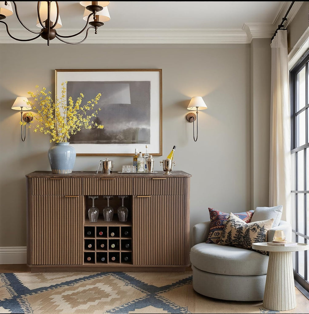 59" Fluted Wine Bar Cabinet, Mid-Century Modern Sideboard, Walnut | Home Bar with Faux Marble Top, 3 Spacious