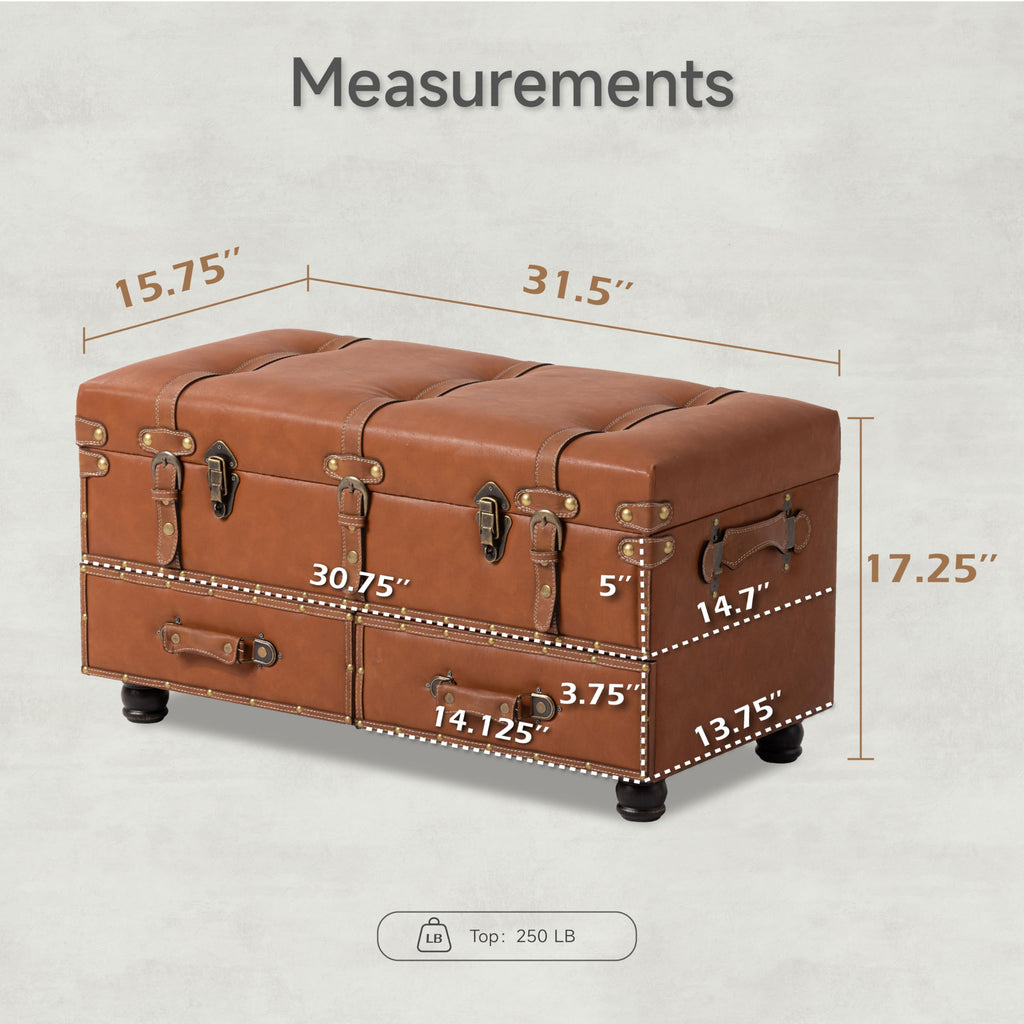 Vintage Faux Leather Storage Ottoman - Orange Accent Bench