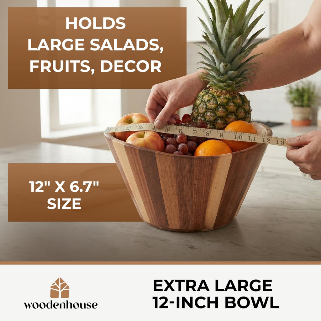 Extra Large Wooden Salad Bowl, Acacia 12" Multi-Purpose Serving Fruit Bowl