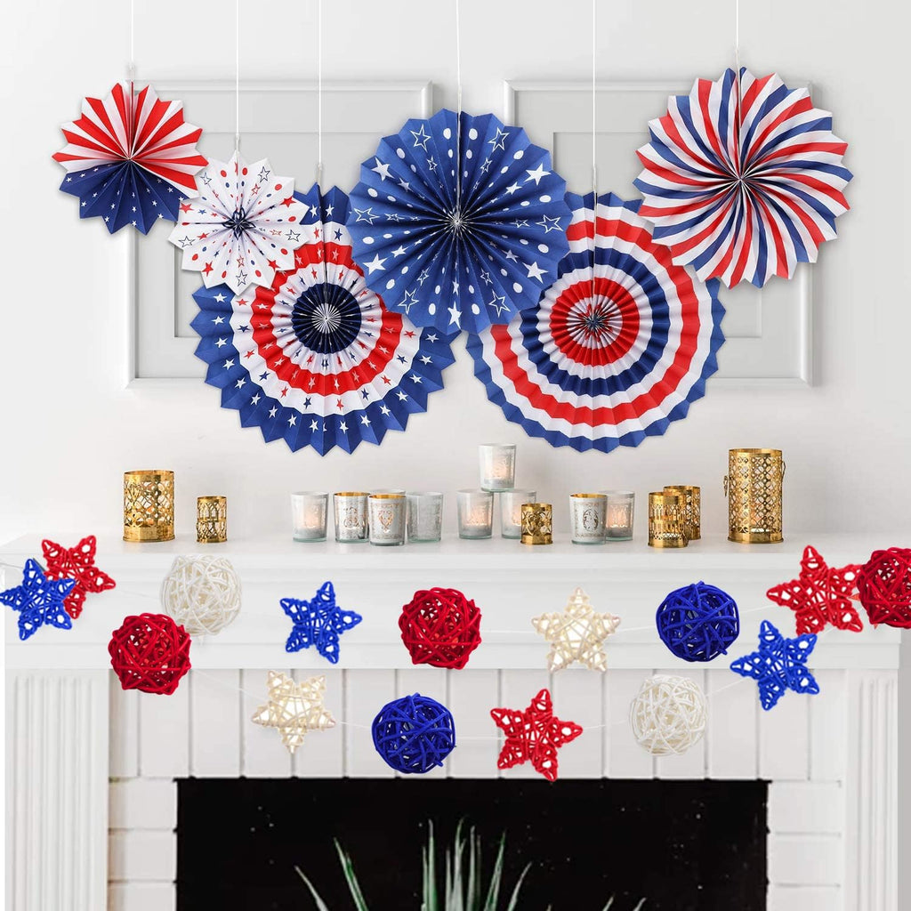 4th of July Rattan Balls Decorations, 2 Inch Star Shaped Wicker Balls & Red White and Blue Wicker Balls - Set of 36