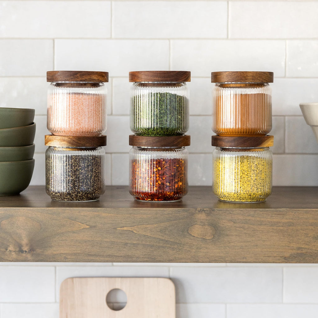 12 fl oz, 350ml Glass Food Storage Jars with Wood Lids (6pcs) - Stylish Ribbed Pattern Organization and Storage