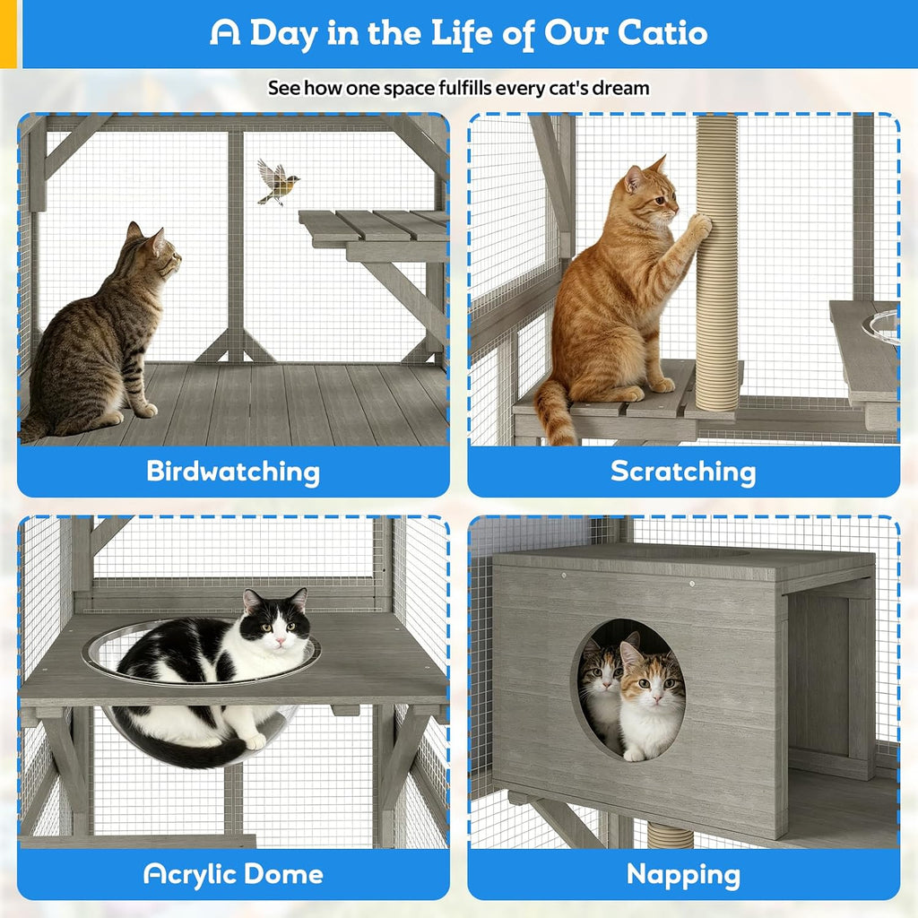 66.2" Catio Outdoor Cat Enclosure with Wheels & Window Access, Portable Large Wooden Cat Catio Cage for Balcony