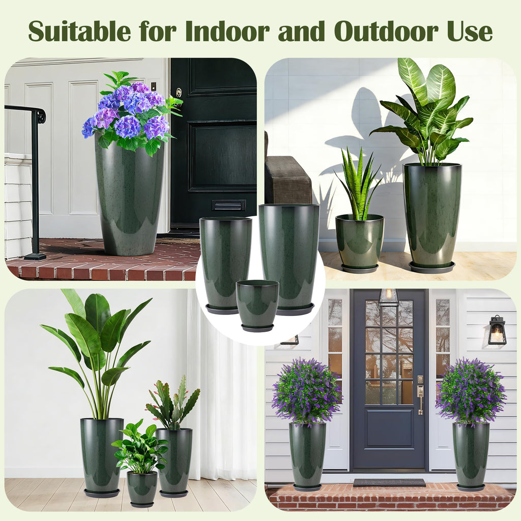 24-21-11 Inch Tall Planters for Outdoor Plants Set of 3 Green
