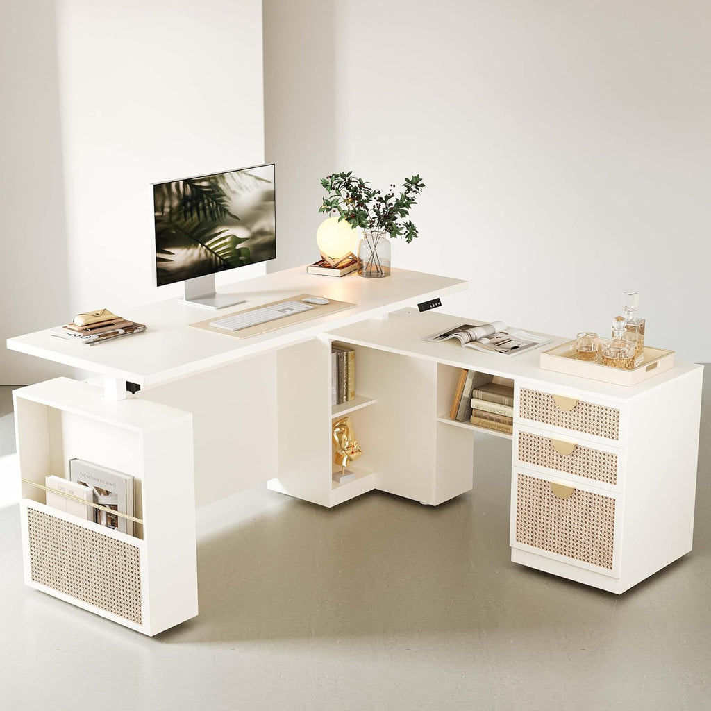 63" L Shaped Electric Standing Desk, Privacy Panel | White Rattan, 1.18" Desktop Executive Height Adjustable Desk