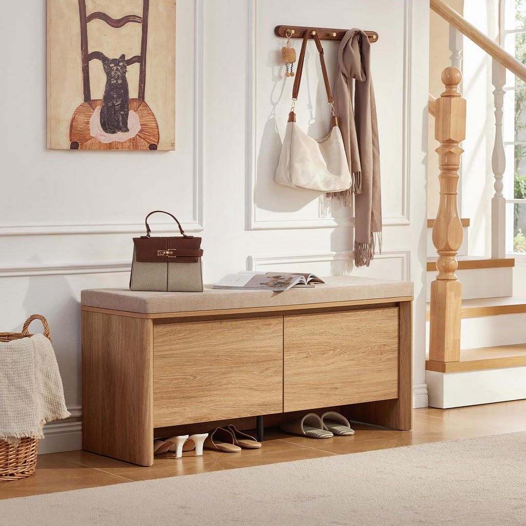 47.2" Shoe Storage Bench with Cushion, Natural Oak