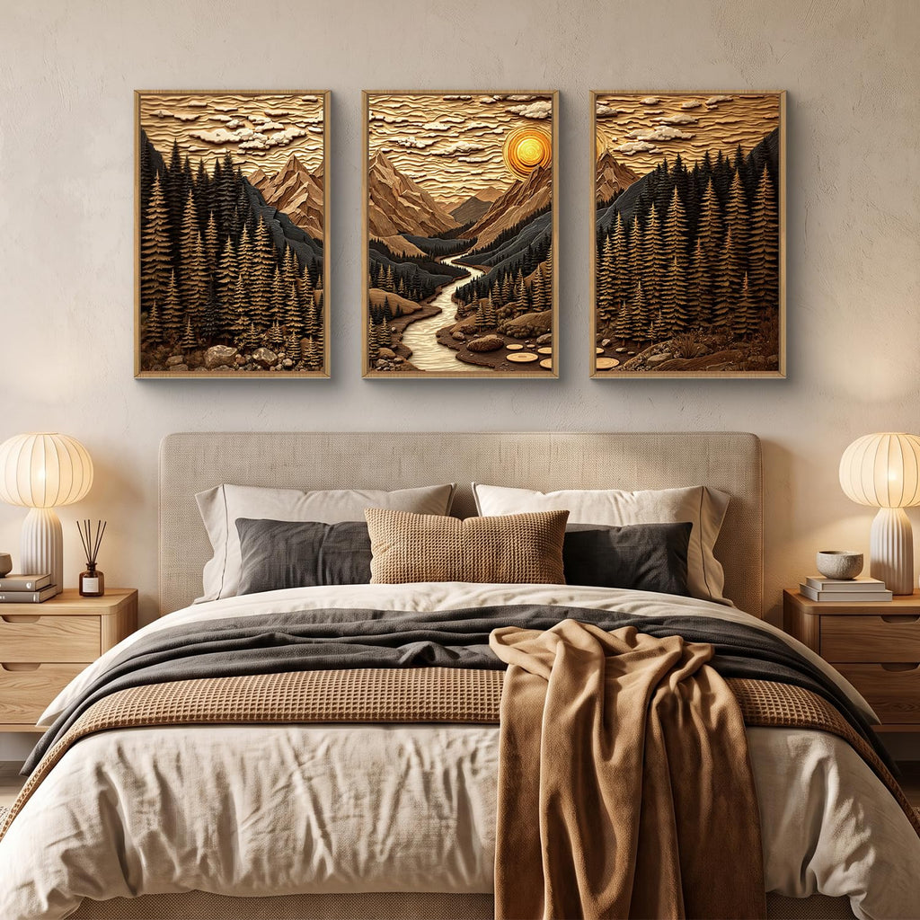 Abstract Landscape Mountain Canvas Wall Art Set, Vibrant Sun Forest Pine Tree Wall Decor, Wilderness Nature River