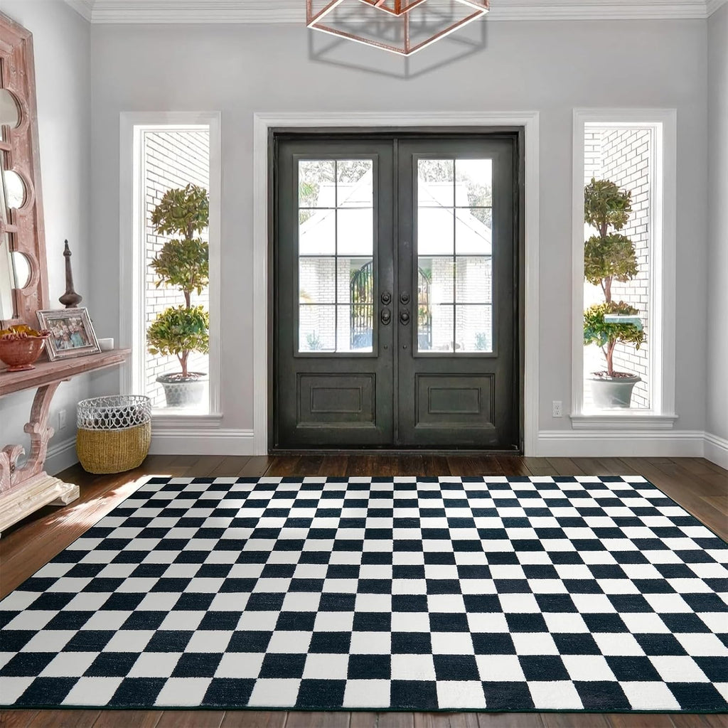 Retro Checkerboard Entryway Rugs Non Slip Indoor Geometry Carpet Washable, Ultra Thin Boho Black and White Cute