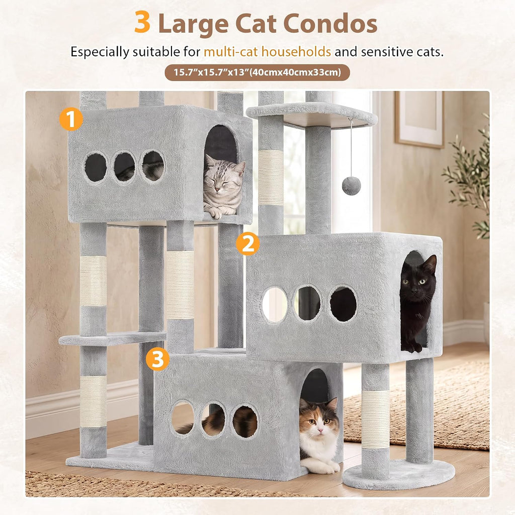 Sturdy Cat Tree Tower, 3 XXL Condos for Large Adult Cats