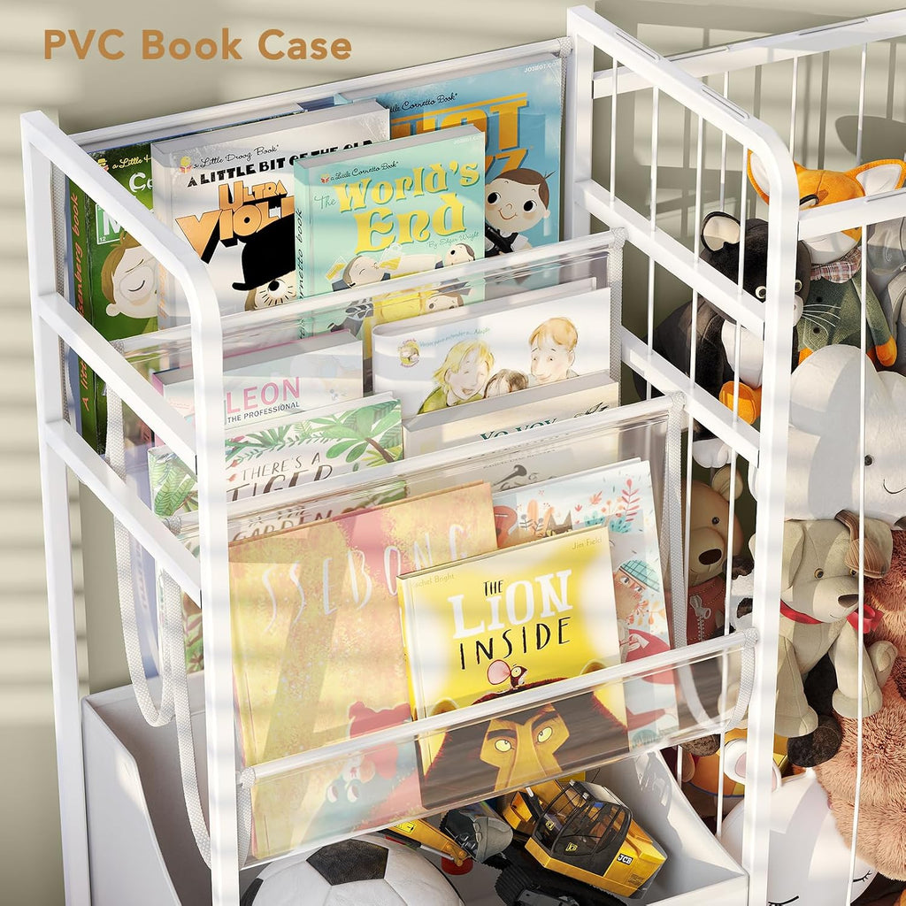 Kids Bookshelf and Stuffed Animal Storage - Multi-Function Nursery Book Shelves with Leather Toy Box and PVC Book