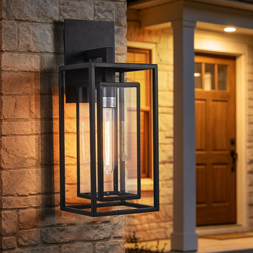 18"Ht Modern Industrial Outdoor Wall Light Fixture with Textured Black Anti-Rust Metal and Clear Glass, Wet Rated for