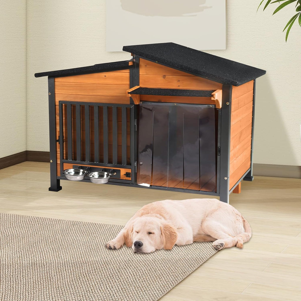 Outside Chew-Resistant Dog House with Metal Frame, Indoor/Outdoor Wooden Dog House with Waterproof Roof and Food