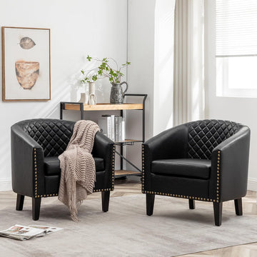 29" W Faux Leather Tufted PU Barrel Club Chairs, Black - Set of 2