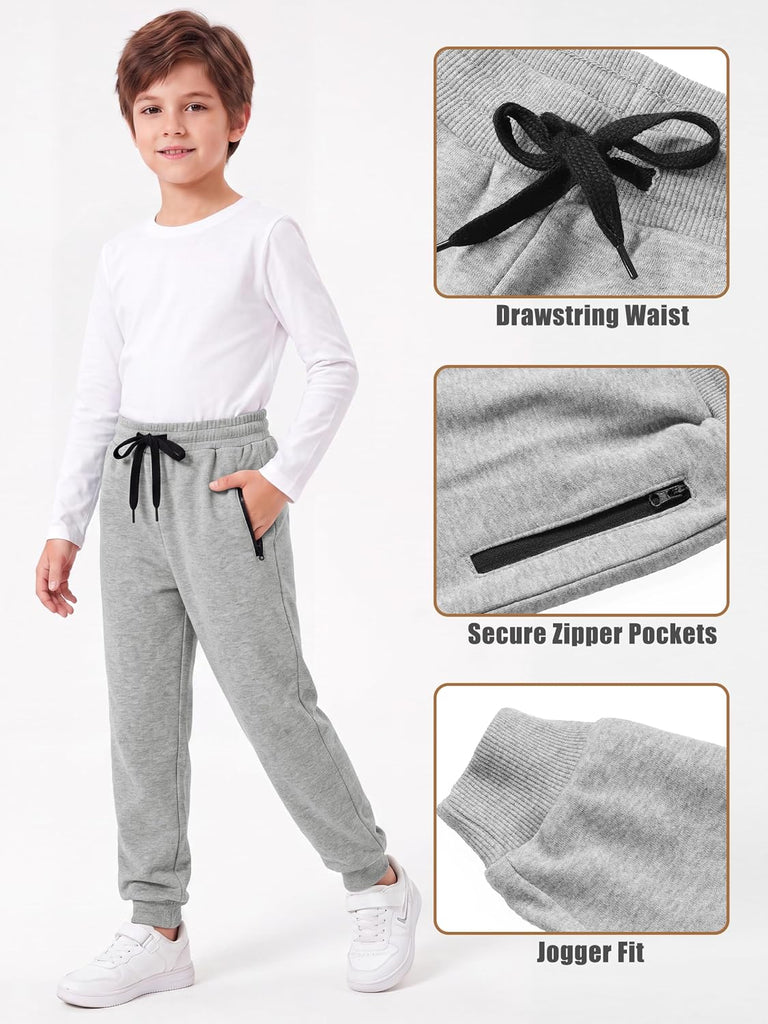 4 Pack Boys Sweatpants Youth Teens Athletic Cotton Pants with Zipper Pockets Drawstring Joggers for Kids