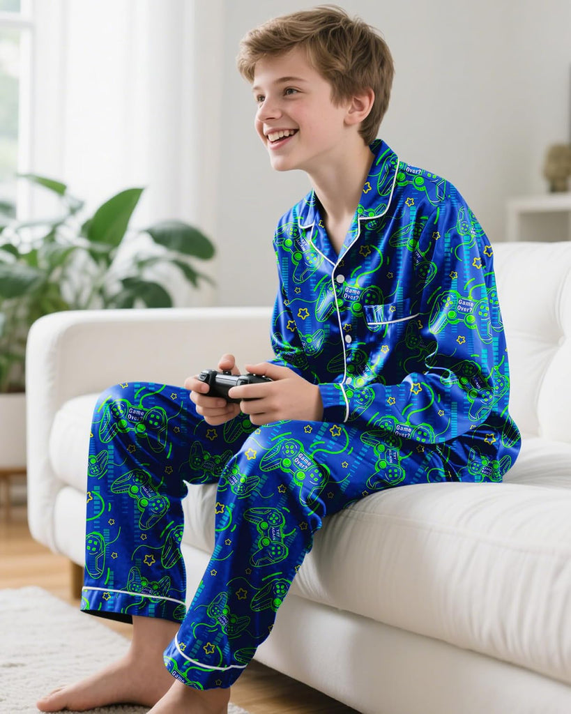 Boys Pajamas Silky Satin Big Boys PJs Set 2 Piece Sleepwear Button Down Kids Jammies Loungewear Clothes