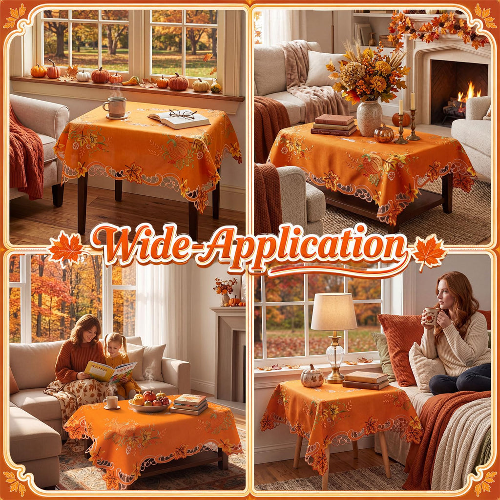 Fall Tablecloth Embroidered 34 in Square Rust Orange Autumn Decor