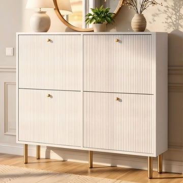 White Shoe Cabinet, 4 Flip Drawers Shoe Storage Cabinet with Tiered Fluted Design, Slim Narrow Shoe Rack for Small