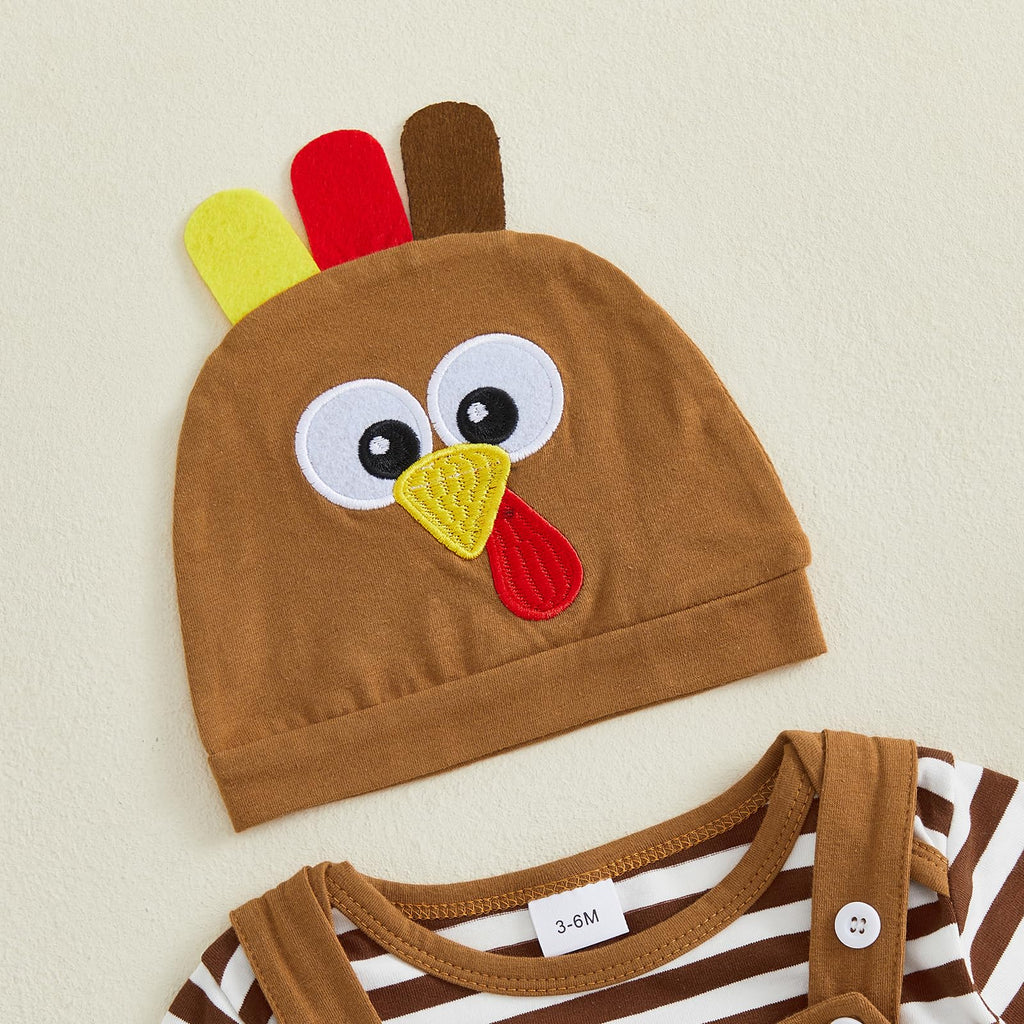 Newborn Baby Boy First Thanksgiving Outfit Stripe Long Sleeve Romper Turkey Overall Pants Hat Set 3Pcs Clothes