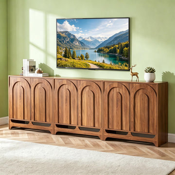 94.5" Walnut Fluted Arched Sideboard Buffet Cabinet with Storage