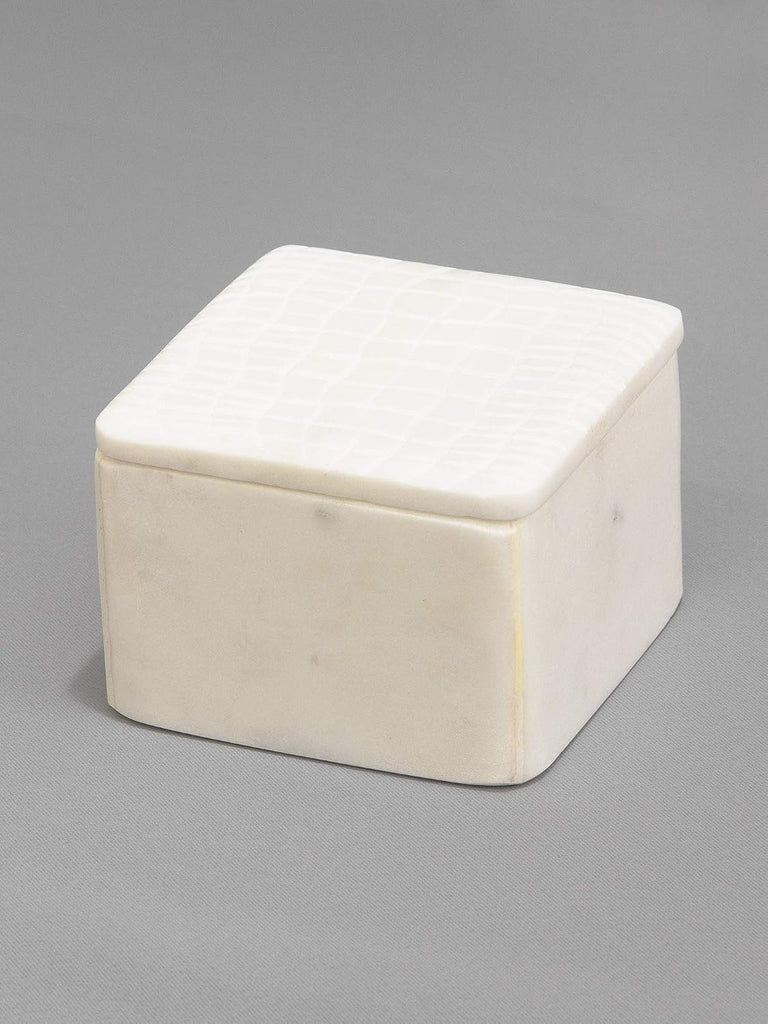 White Marble Storage Box with Lid - Crocodile Pattern - Small - 4" L x 4" W x 2.5" H