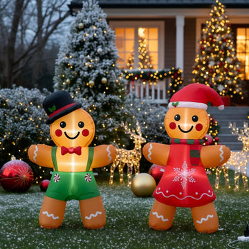 2 Pcs 4 ft Christmas Gingerbread Man Inflatable Decorations Blow up Gingerbread Man Couple with Built-in Led