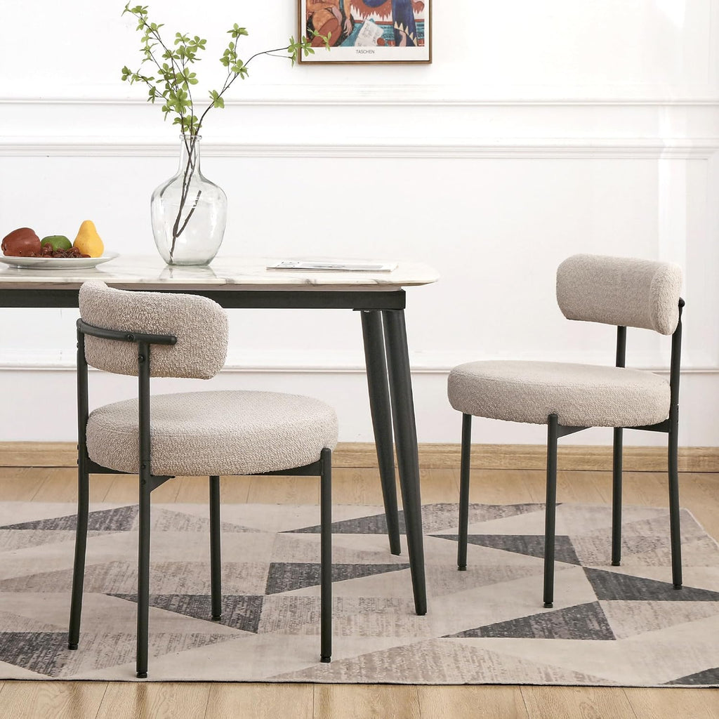 EDWELL Boucle Dining Chairs Set of 2, Round Upholstered Dining Room Chairs with Black Metal Legs
