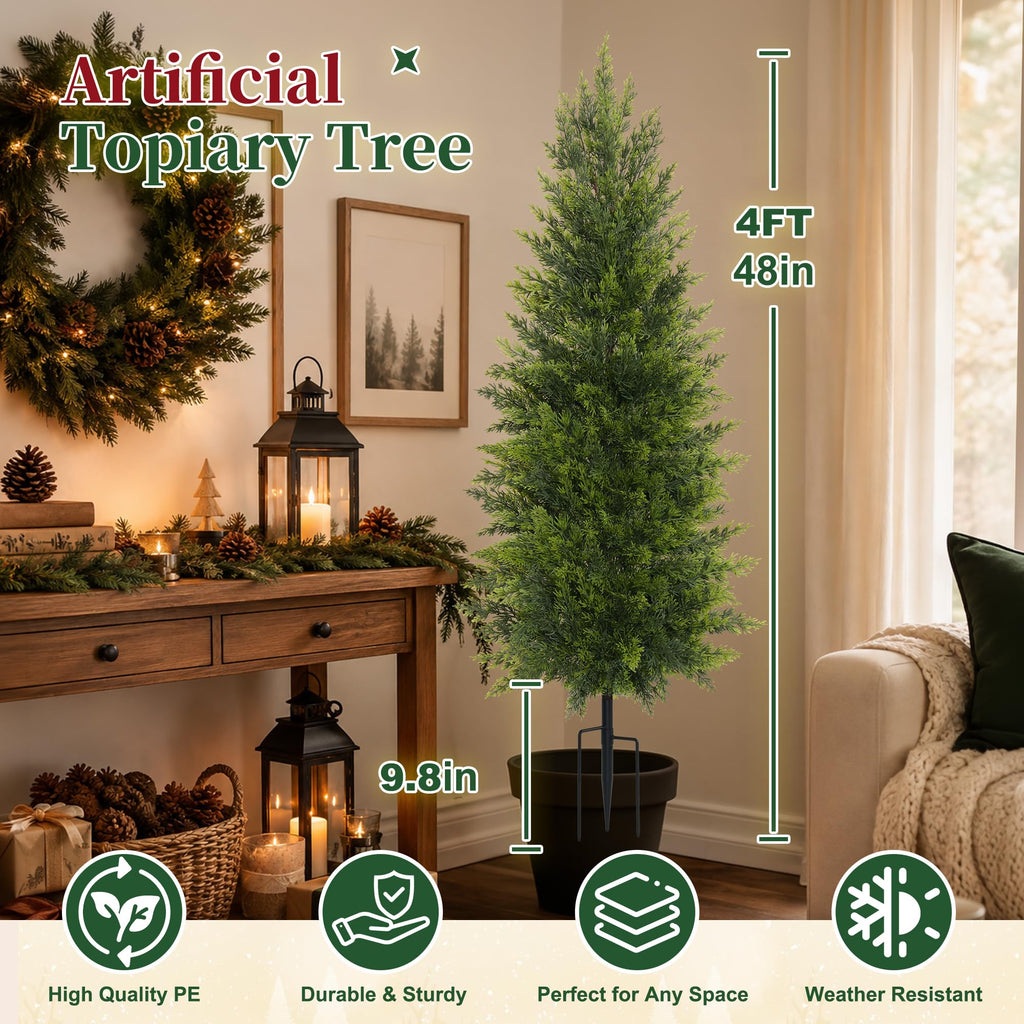 2 Pack 4FT Artificial Topiary Cedar Trees with Spike for Outdoor