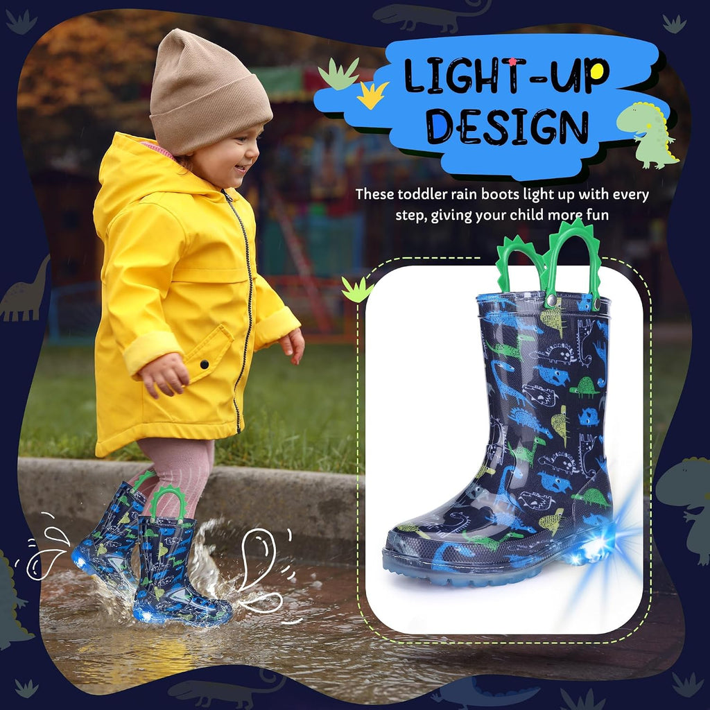 Toddler Kids Rain Boots - Light Up Boys Rainboots Boots Waterproof Lightweight Outdoor Shoes with Easy-On Handles