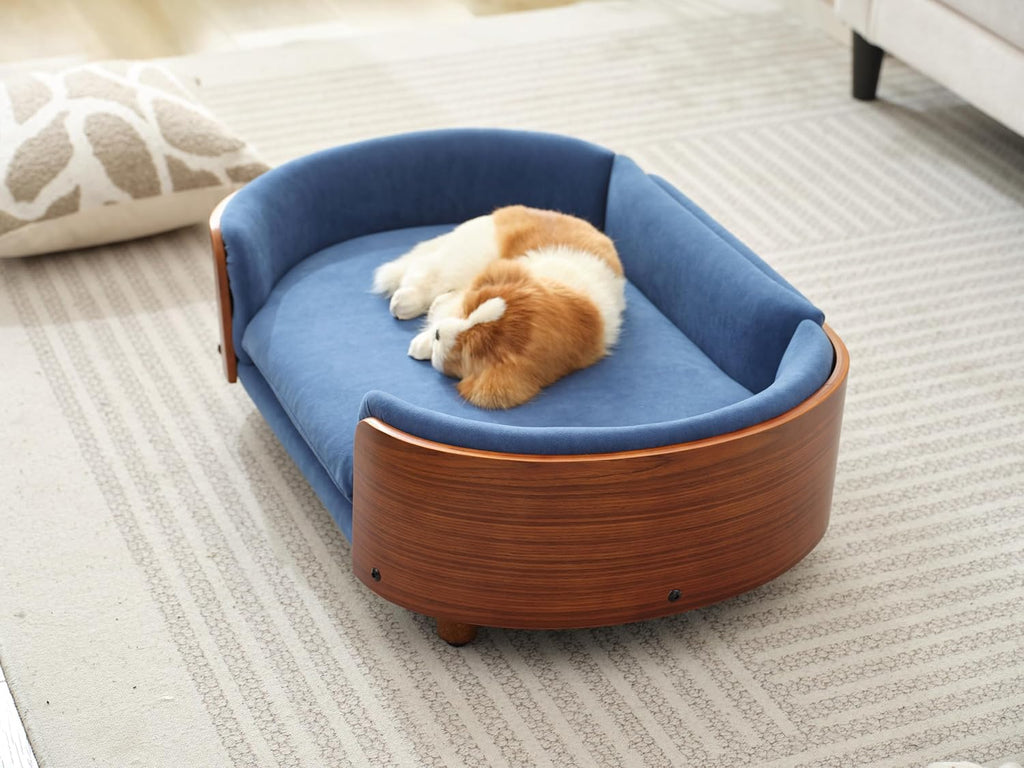 Scandinavian Style Elevated Dog Bed Pet Sofa with Solid Wood Legs and Walnut Bent Wood Back, Dark Blue Velvet, Mid Size
