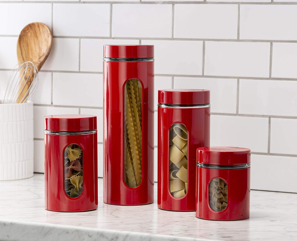 Quality Modern Red Stainless Steel Canister Set Counter with Glass Window & Airtight Lid - Food Storage Containers