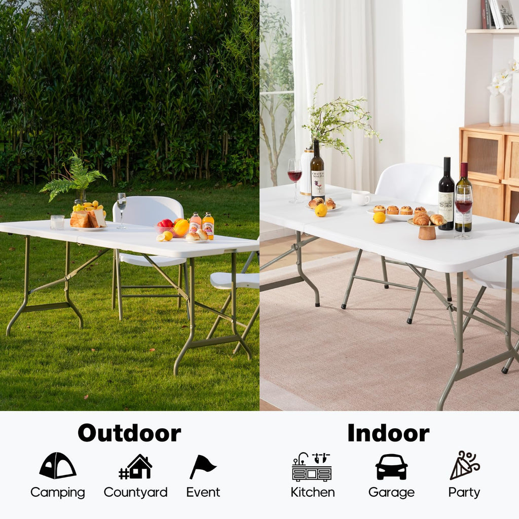 Folding Table 6ft, Heavy-Duty 500lbs Weight Capacity Foldable Table with HDPE Top & Steel Legs, Portable 6 Foot