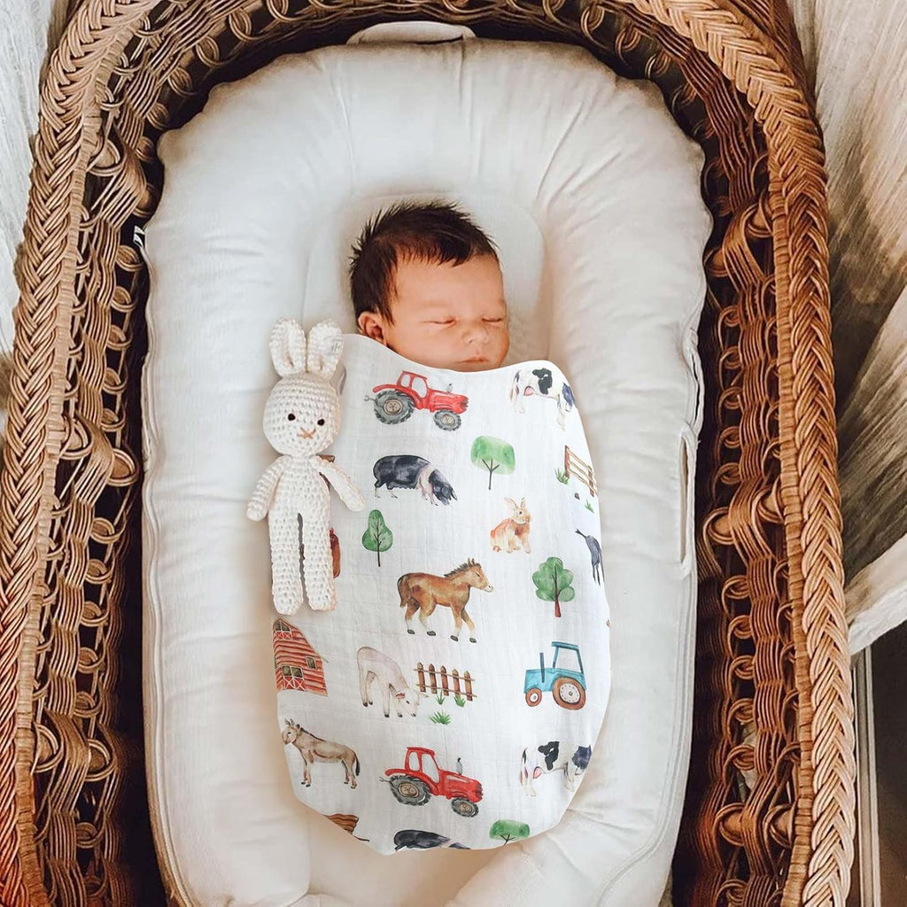 Muslin Swaddle Blankets, Farm Animals Baby Swaddling Wrap Nursery Receiving Blanket for Boys & Girls, Soft 70%