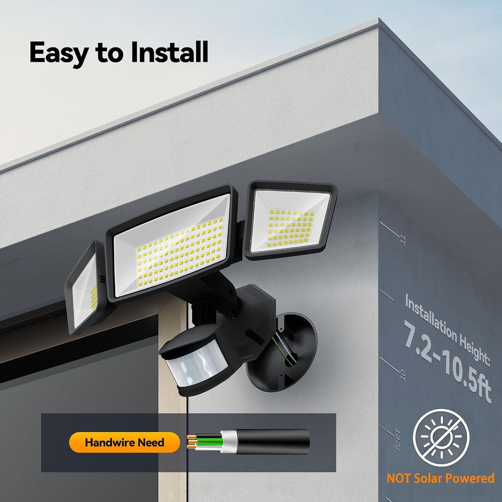 7500LM Motion Sensor Outdoor Lights, 150-LED 3-Head Security Light with Remote Control, 300°Wide Angle Flood Wall