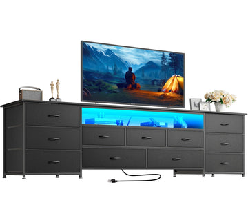 78.7 Inch TV Stand for 75, 80 Inch TV, 11 Drawer Long Dresser with Power Outlets and LED Lights, Entertainment Center