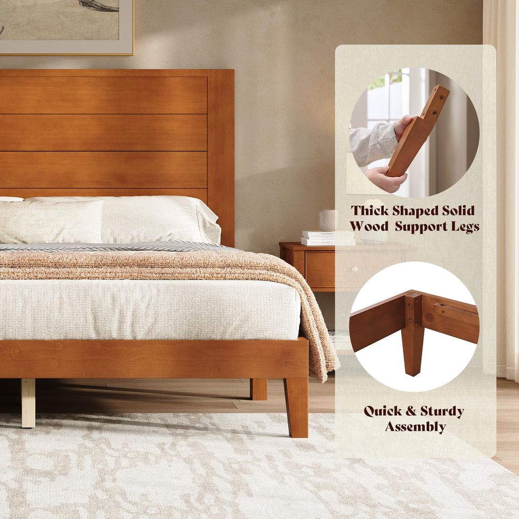 Queen Size Solid Wood Platform Bed with Mid Century Style, Brown