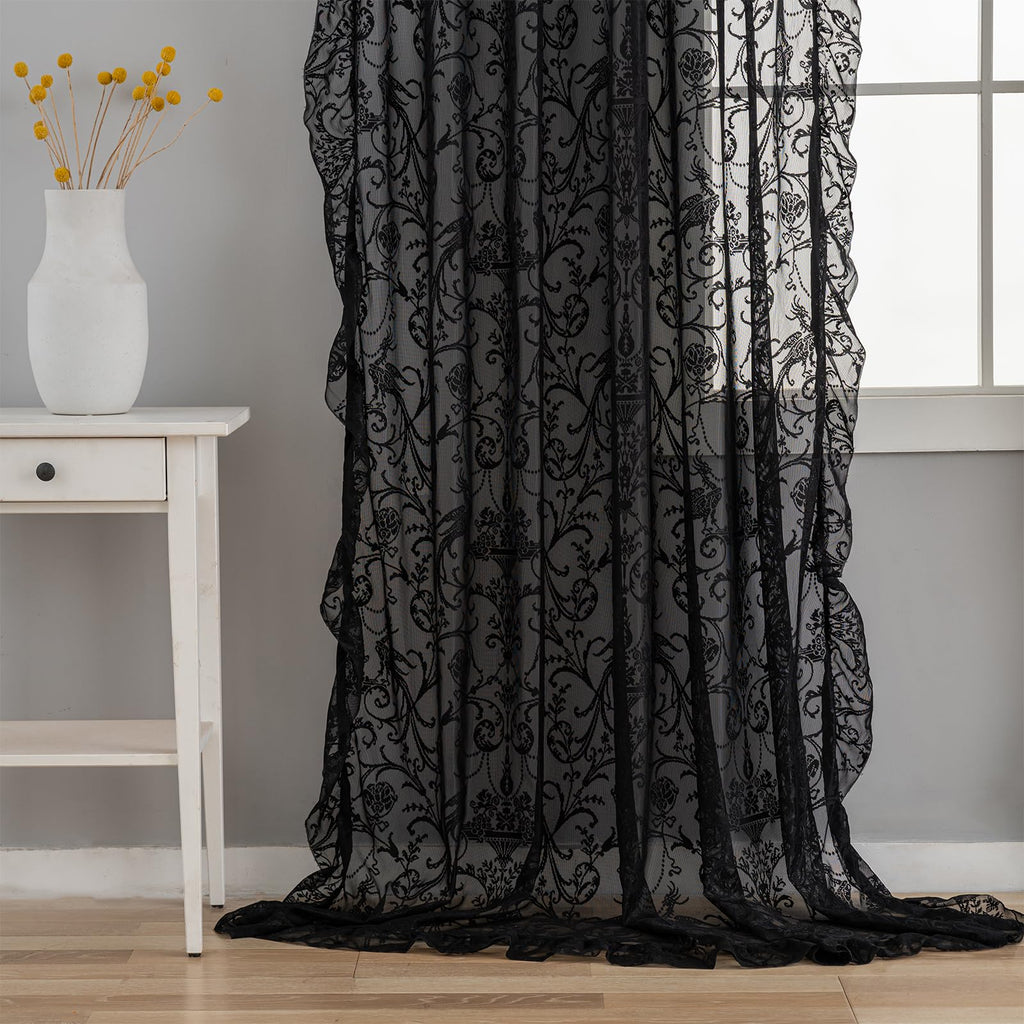 Black Ruffle Curtains 90 Inches Long - Boho Floral Semi Sheer Black Lace Curtains, Old House Tulle Rod Pocket Light