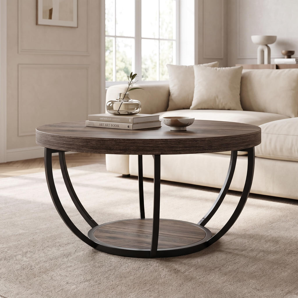 31.7" Round Wooden Coffee Table with Storage Pedestal