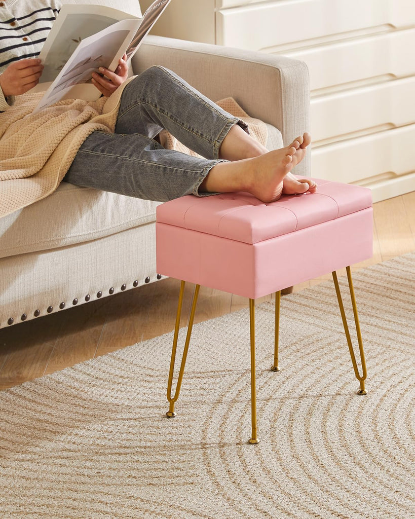 PU Storage Vanity Stool with Flip Tabletop, Ottoman, Pink