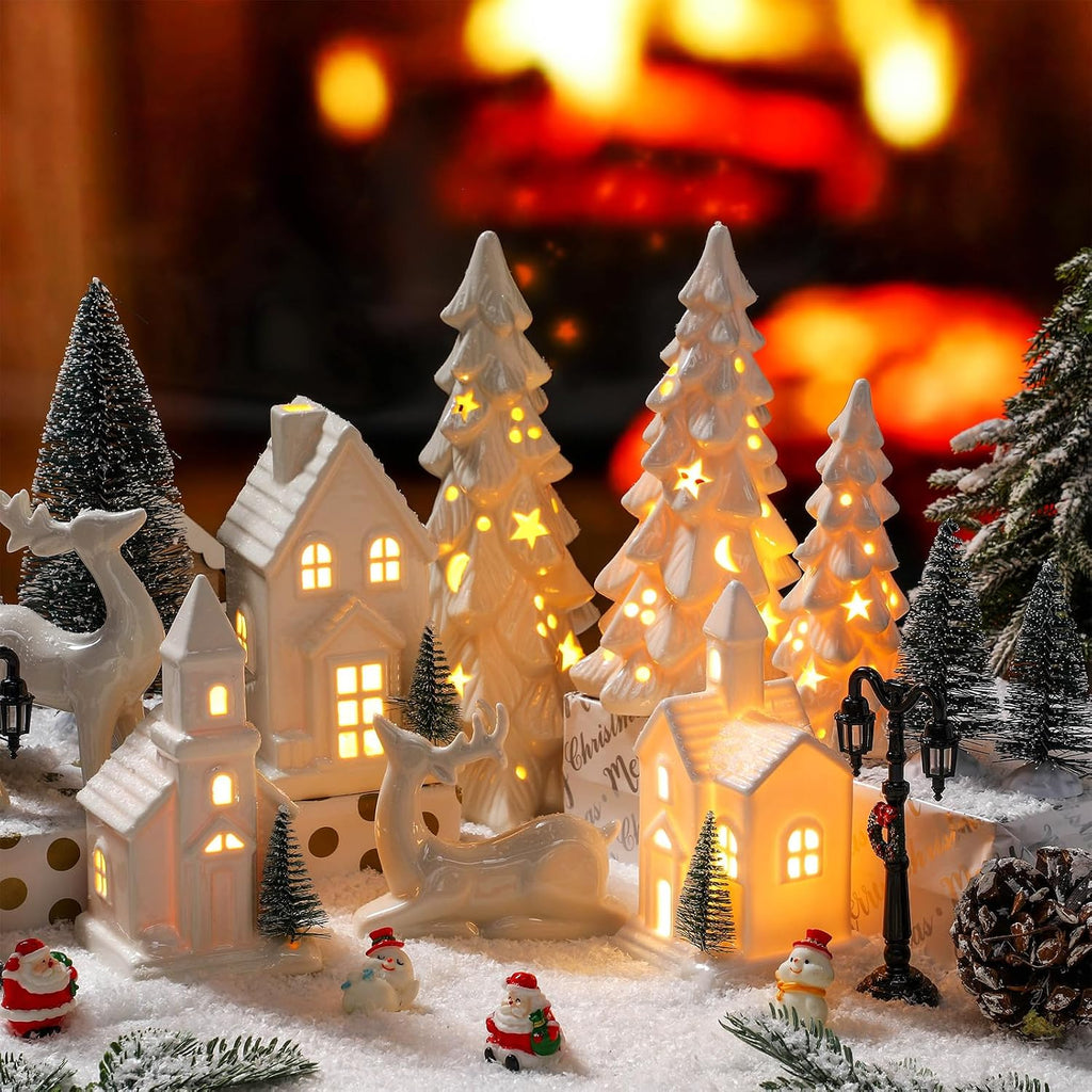 14 Pcs LED Christmas Village Houses Set Ceramic White with Trees
