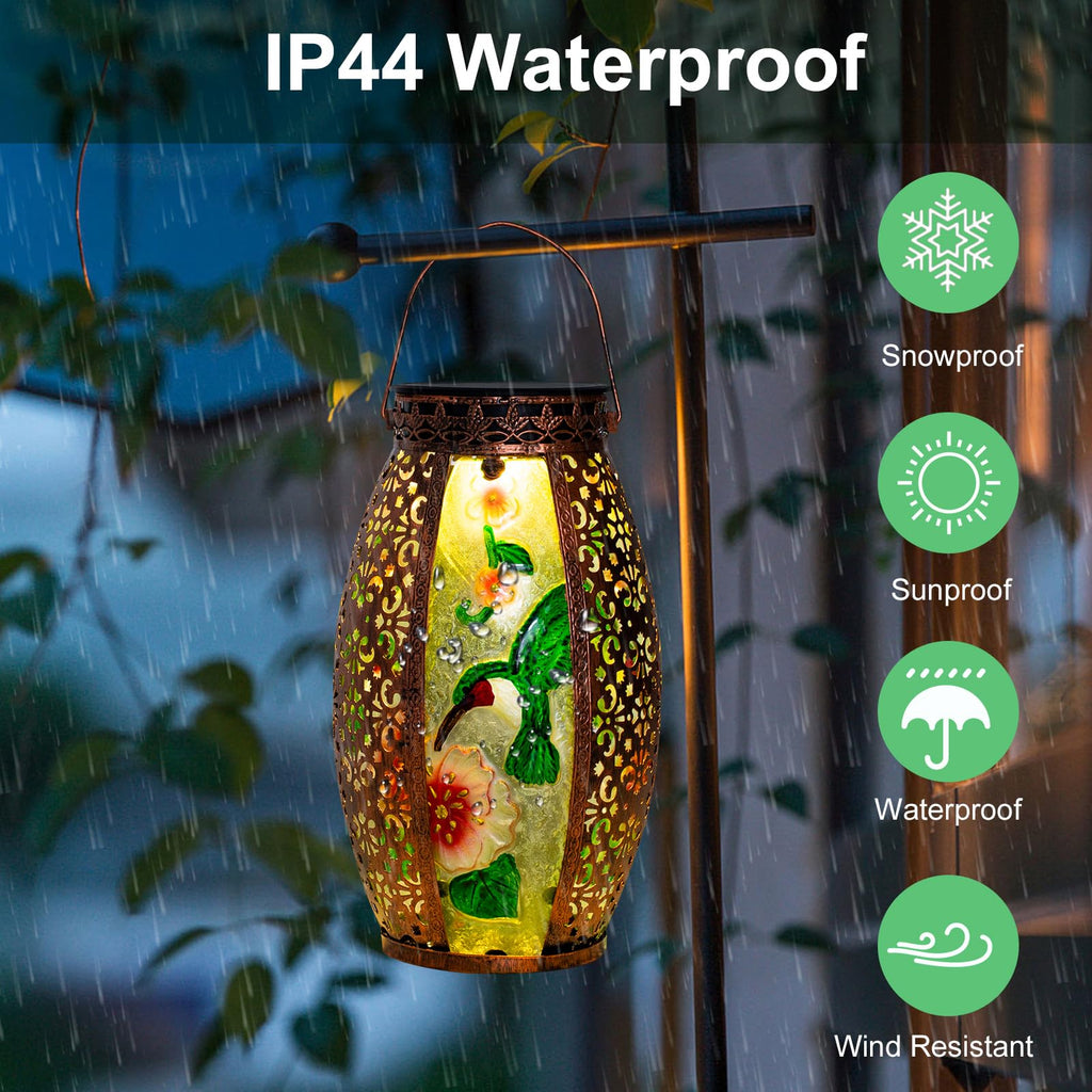 Hummingbird Solar Lantern Outdoor Waterproof, 13" Large Hanging Lantern Decorative, Metal Hummingbird Solar Lights for