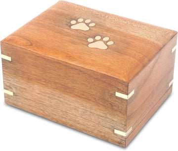 Wooden Small Cremation Pet Urn for Dog and Cat Ashes Box | Handmade Wood Memorial Pet Urn | Brass Paws Inlaid | Pet