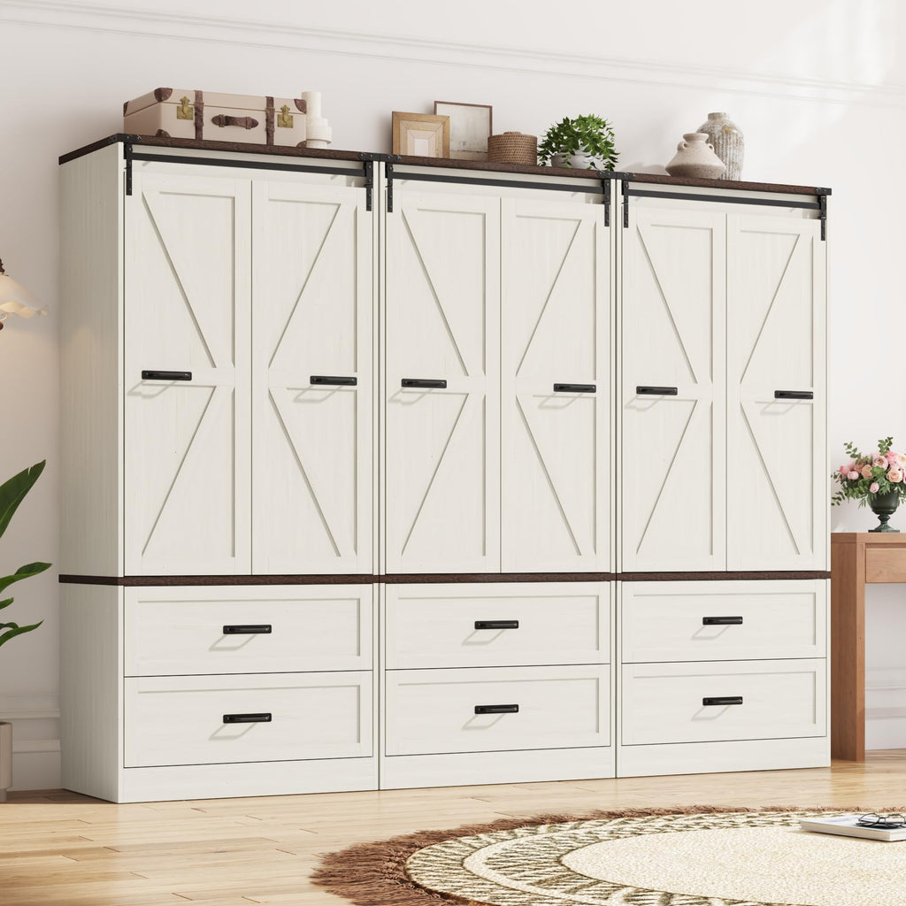 Farmhouse Wardrobe Armoire Closet with 6 Doors and 6 Drawers, Antique White