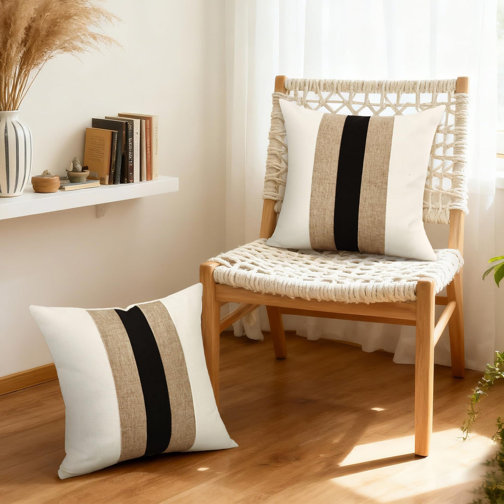 Linen Patchwork Pillow Covers 18x18 Inch Set of 2