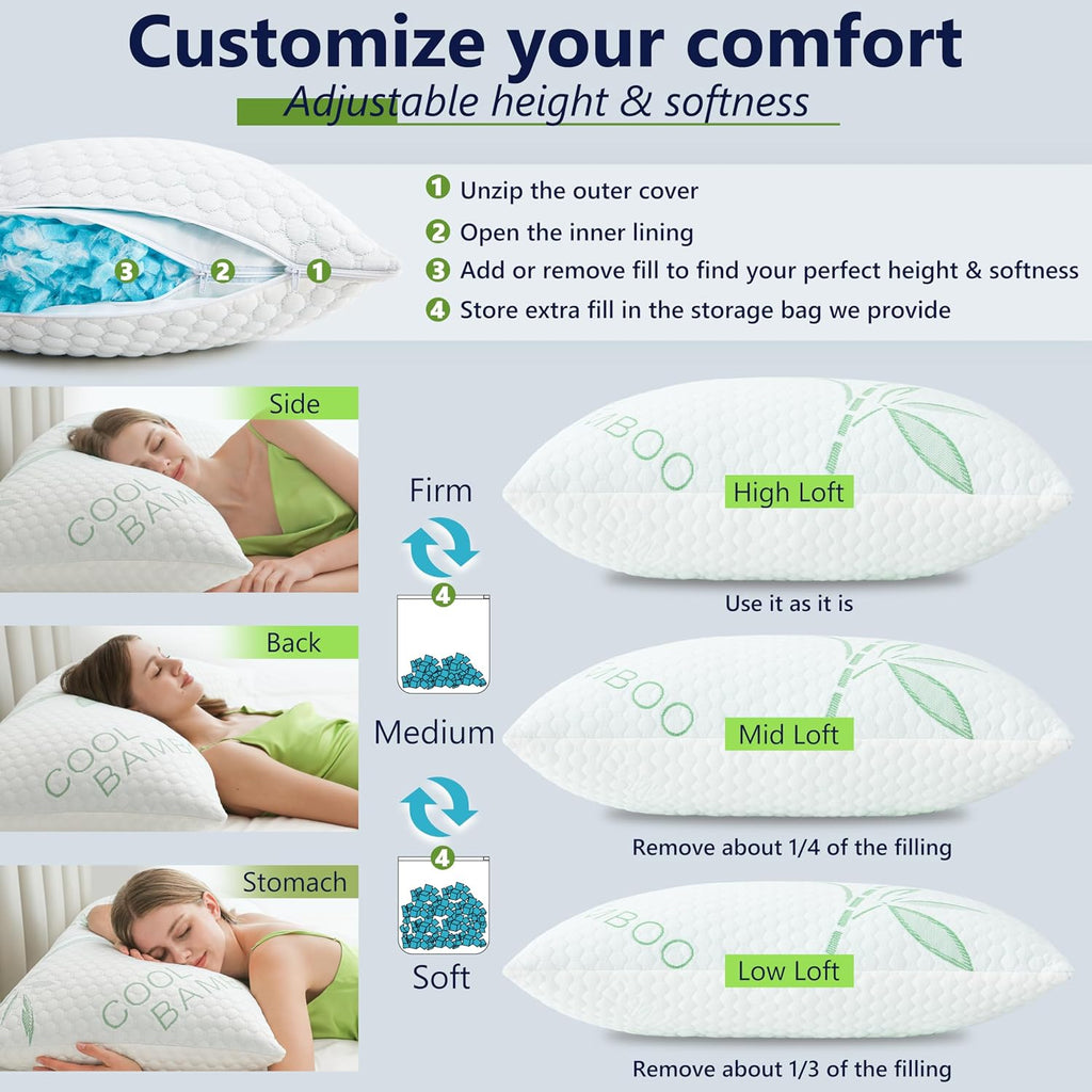 Cooling Pillows, Shredded Memory Foam Pillows King Size Set of 2 Adjustable Firm Bamboo Bed Pillows for Hot, Side