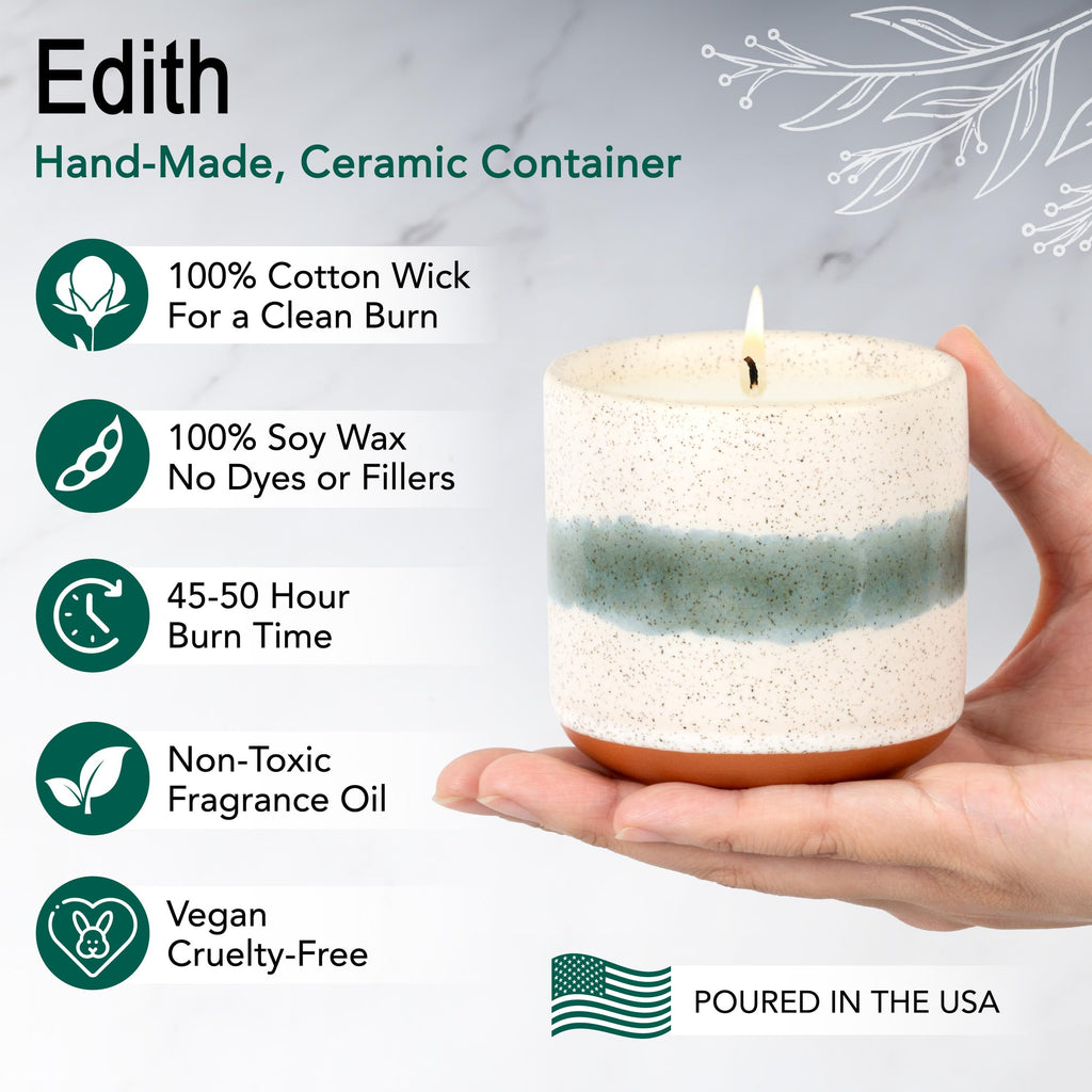 Mint & Eucalyptus Scented, 8.5oz Ceramic Pot, Aromatherapy Candles, 100% Soy, Edith