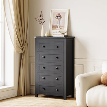 Black Dresser Tall 5 Drawer Dresser, Wooden Dressers & Chests of Drawers with Metal Handles, Modern Storage Cabinet